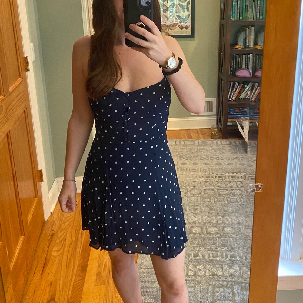 Reformation Tilly Fit and Flare Navy Polka Dot Mini Dress